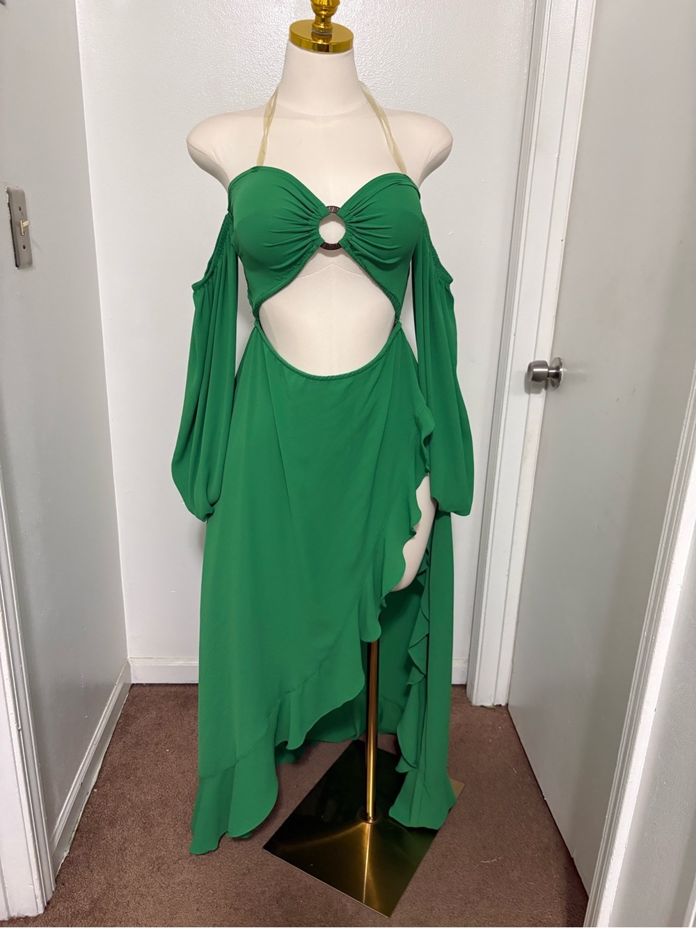 Emerald Cutout High-Low Maxi Dress with Ruffle Skirt NWOT - Picture 2 of 4